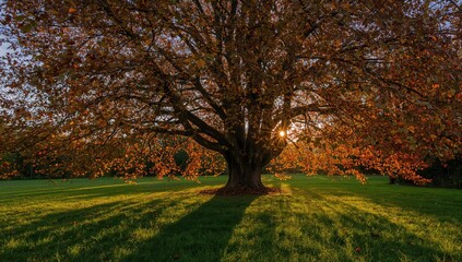 Autumn evening sunlight filtering through falling walnut tree leaves