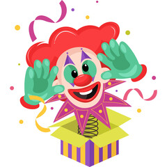Clown Emerging From A Surprise Box With Confetti And Streamers Festive And Fun Design Element With Red Hair And Green Gloves And Colorful Outfit And Playful Expression Against A White Background