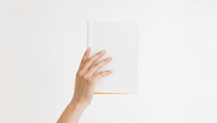 Female hand gripping a book with an unmarked cover on a white backdrop, suitable for educational use