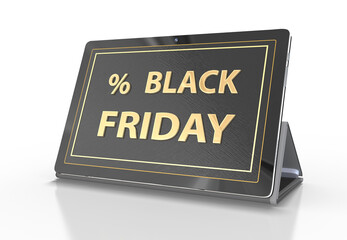 Black Friday, 3d Tablet mit Display und Werbung  freigestellt