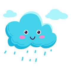 Cute Cartoon Blue Rain Cloud with Happy Face and Pink Cheeks Raining Drops with Small Clouds in a Clear Sky on a Transparent Background