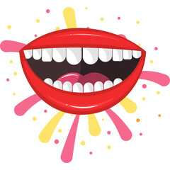 Bright Red Lips Wide Open Showing White Teeth with Pink and Yellow Bursting Splashes and Confetti on a Transparent Background