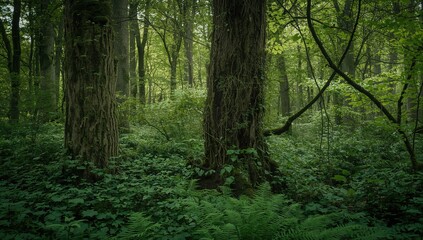 Obraz premium A Lush Summer Forest Featuring Vines and Ferns, Seasonal Change