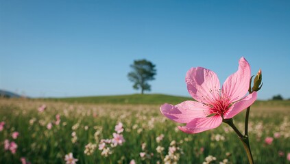Obraz premium Cherry blossom pink flower against a clear sky, featuring the beauty of nature in springtime