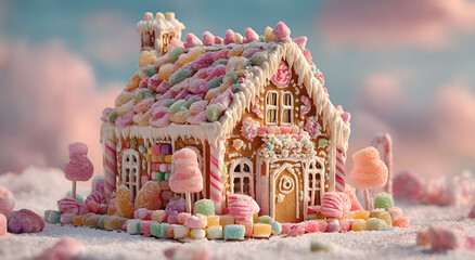 Creative delicious gingerbread house made of variety of sweets and candies. Festive Xmas and New Year holiday season decorating idea, trendy candy land banner design on pastel background.