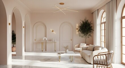 Interior view of a modern living room with arched doorways and large windows