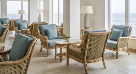 Fototapeta premium Interior view of a serene lounge with wicker chairs and blue cushions in a modern room with large windows overlooking the ocean.