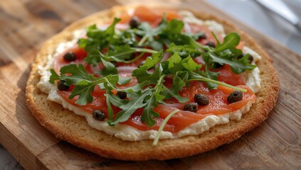 Homemade smoked salmon pizza topped with cream cheese, red onion, capers, and baby arugula, protein-rich meal