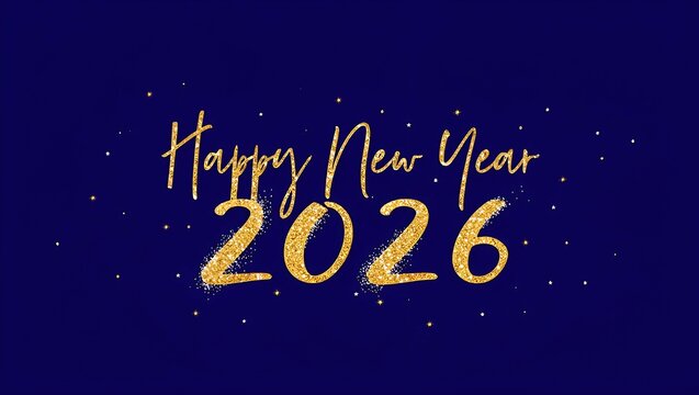 Elegant golden glittering text happy new year 2026 on dark blue background with sparkles