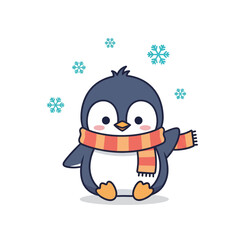 Cute cartoon penguin wearing a striped scarf and waving with snowflakes falling around it.
