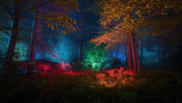 A mystical forest scene illuminated by glowing neon lights at night, evoking a magical atmosphere