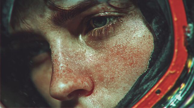 Vintage space-suit portrait on chrome surface with holographic interface, grainy film texture, high contrast