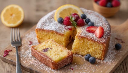 Lemon curd cake squares topped with icing sugar, a refined sugar load