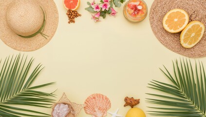 Tropical palm fronds, a hat, fruits, and seashells arranged on a pale yellow surface, summer vibes, seasonal change