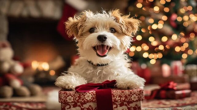 Adorable perrito marron y blanco sonriendo con una caja de regalo con cinta roja sobre fondo borroso de chimenea encendida luces y arbol de navidad