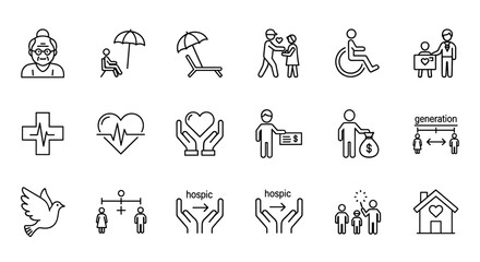 Fototapeta premium Elderly care icons set: senior, retirement, caregiver, accessibility, health, care, pensioner, generation, hospice, ageing, nursing home, love, donation, peace, family, home, medical, support, and