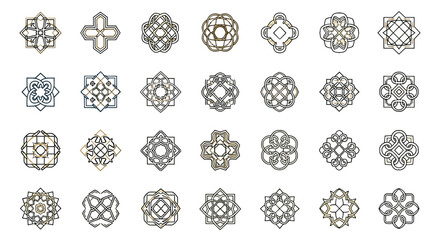 Luxury Geometric Pattern Collection: A Set of 24 Abstract, Ordered Line Icons Featuring Intricate Designs in Black and Gold Tones, Perfect for Branding and Graphic Resources on a Clean White