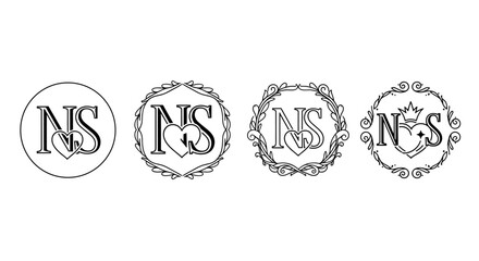 Elegant NS monogram logo designs featuring a heart symbol and decorative floral elements, presented in a set of four distinct variations for versatile branding applications. These vector