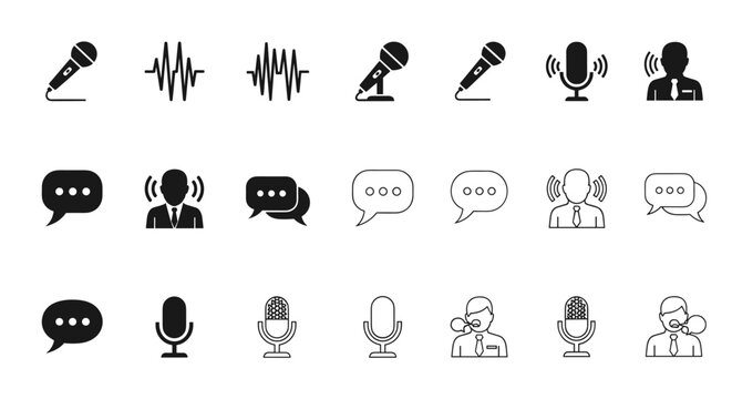 Collection of voice and communication icons in black, flat, and line stroke styles, featuring microphones, sound waves, and speech bubbles, presented in an organized grid on a clean white background