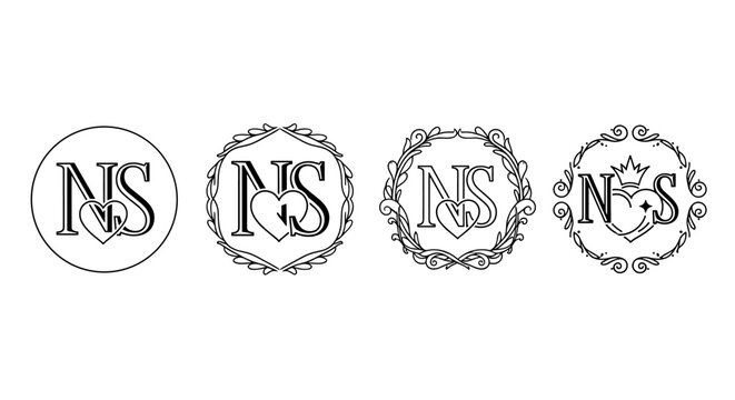 Elegant NS monogram logo designs featuring a heart symbol and decorative floral elements, presented in a set of four distinct variations for versatile branding applications. These vector