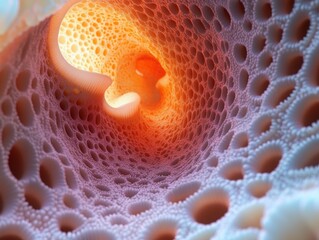 Close-up view inside a porous, organic tunnel structure with vibrant orange and soft purple hues showcasing intricate hole patterns and textured surface