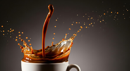 Dynamic Coffee Splash in White Cup on Dark Background