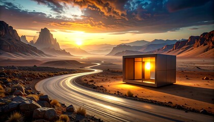 A modern structure sits bathed in golden sunlight at sunset along a winding road amidst desert terrain, rocky hills, and distant mountains