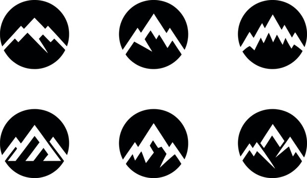 Collection of mountain icons in black circles representing adventure nature and outdoor activities branding