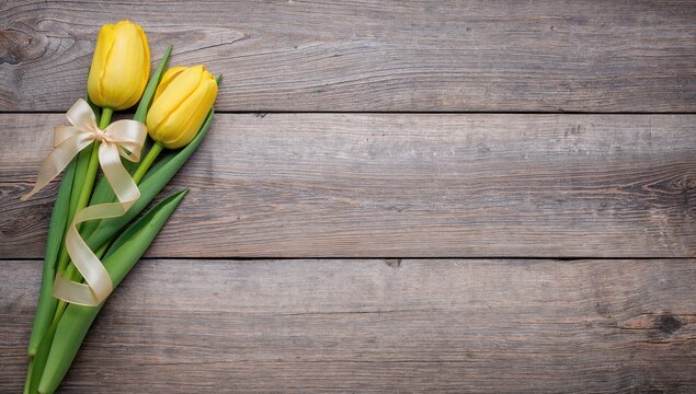 Yellow tulip adorned with ribbon and heart against a rustic wooden backdrop, ideal for a Mother's Day greeting card
