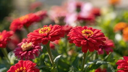 Close-Up of Bright Red Zinnia Blossoms in a Sunlit Garden, Emphasizing Floral Beauty