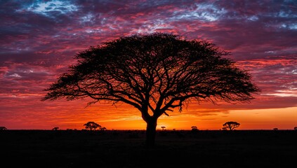Silhouette of a tree against the evening sky in nature