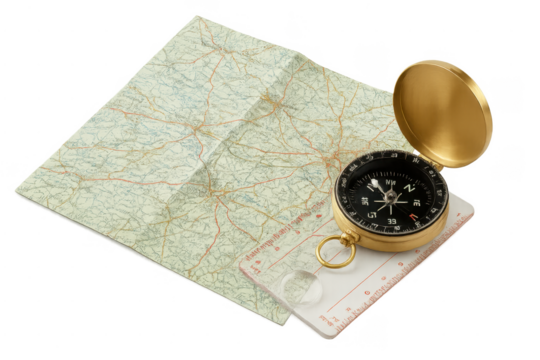 Compass and map providing navigation for travel and exploration