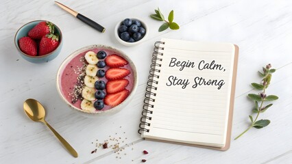 Healthy Smoothie Bowl with Berries and Open Journal on Table
