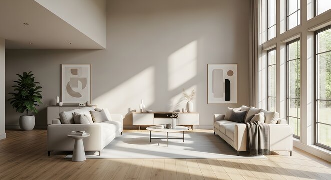 Modern living room interior with beige furniture and large windows