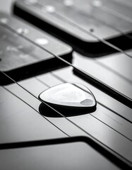Close-up monochrome shot showing the strings, fretboard, and pick of a musical instrument