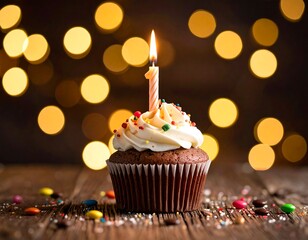 Close-up of a chocolate cupcake with frosting, sprinkles, and a candle, bokeh background