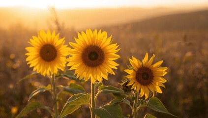 Obraz premium Golden sunflowers flourish in a vibrant close-up, radiating beauty and attracting pollinators
