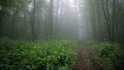 Fototapeta premium Endemic flora in a foggy forest with a winding trail, highlighting the region's biodiversity