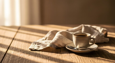 Ceramic cup of black coffee on rustic wooden table with sunlight and beige cloth