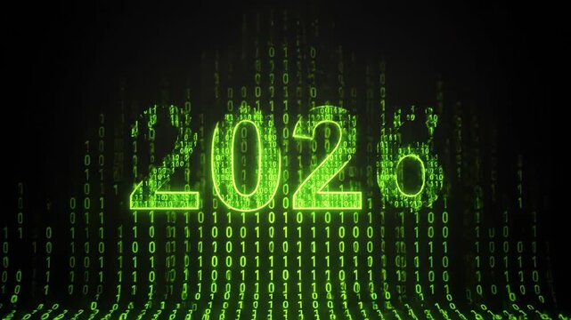 Digital binary code forming pyramid shape against dark background with glowing green light