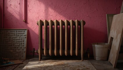 Room with a pink wall featuring a heating radiator