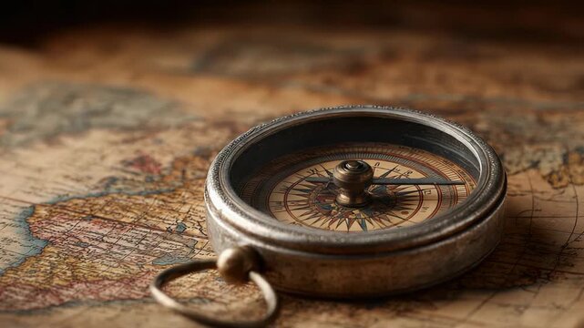 Vintage Silver Compass on Antique Map with Earth Tones Under Soft Lighting for Travel Direction and Cartography Theme Exploration