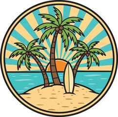 A tropical island paradise with palm trees, a surfboard, and a beautiful sunset vector design
