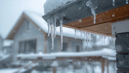 Icicle hanging from a rooftop edge during winter, seasonal change
