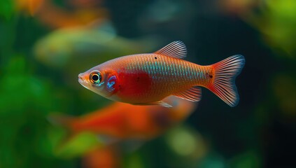 Naklejka premium Close-up of glo tetra fish beside a danio rerio, observing aquatic companionship