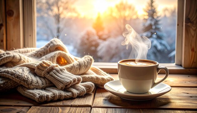 Enjoying a warm coffee and cozy knitwear by the window on a cold winter morning, perfect for relaxation, comfort, and a peaceful start to the day