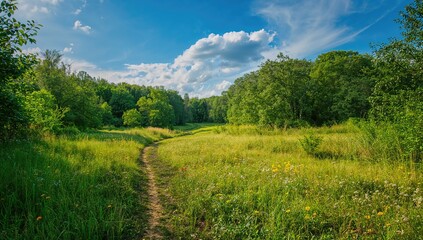 Fototapeta premium Admire the stunning natural scenery with lush green grass and vibrant plants in a summer meadow