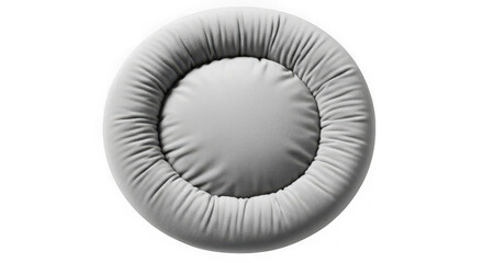 Gray round plush cushion for pet comfort or home decor item.