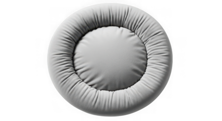 Gray round plush cushion for pet comfort or home decor item.