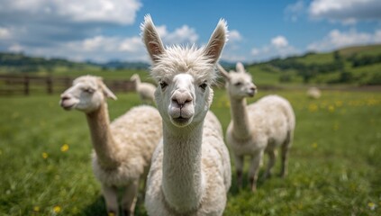 Obraz premium Group of white alpacas grazing in a meadow, showcasing rural tranquility